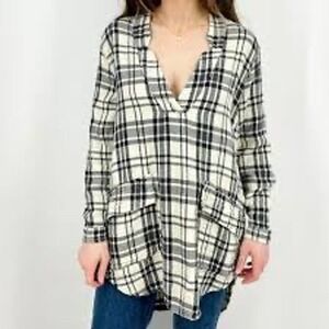 Free People CP Shades Plaid Tunic Shirt Dress Cotton Black White Oversized S